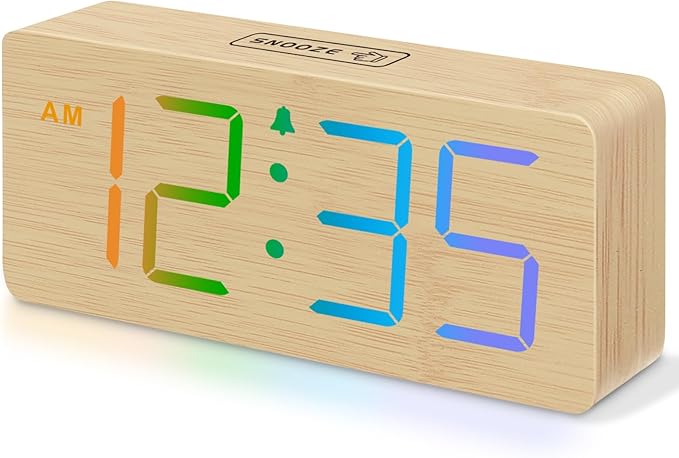 DreamSky Wooden Digital Alarm Clock for Bedroom - RGB Desk Clocks for Living Room with Large Numbers, Dimmer, Loud Alarm for Heavy Sleepers with Volume Control, Office Wood Decor (Plug in Clock)
