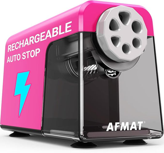 AFMAT 6-Hole Electric Pencil Sharpener Heavy Duty, Pencil Sharpener for Classroom, Cordless &Rechargeable, Colored Pencil Sharpeners for 6-11mm Pencils, Auto Stop, Super Fast, 10,000+ Sharpenings PSD1