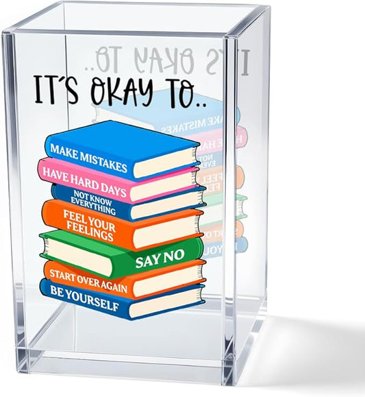 Vgrti It's Okay To Make Mistakes Acrylic Cosmetic Pencil Pen Holder Cup, Motivational Desk Organizer Accessory for Office School, Inspirational Quote Gifts for Women Book Lover Coworker Sister Teacher