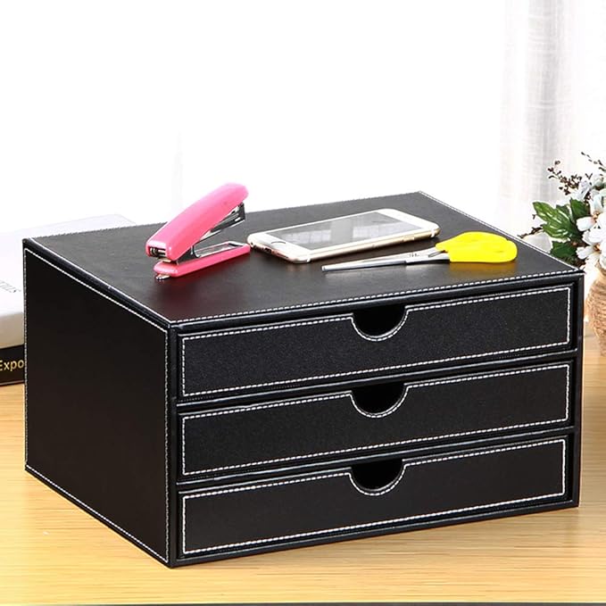 RHCSZ High-end PU Leather Desk Organizer File Cabinet Executive Office Supplies Desktop Filing A4 File Cabinet Stackable Storage Organizer Box with 3 Drawers (Black)…