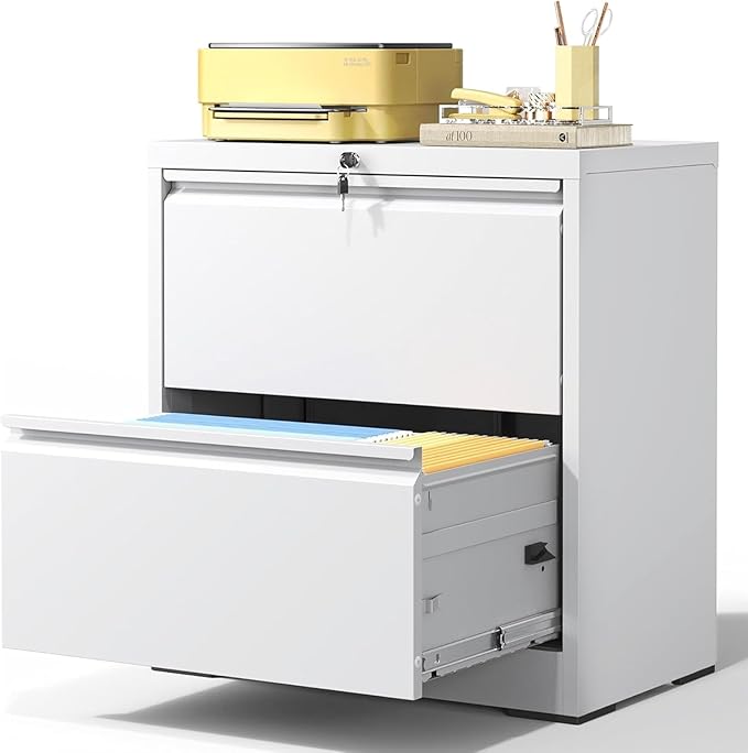 2 Drawer Lateral File Cabinet with Lock, 26.7"W File Cabinets for Home Office, Office Furniture for Organization Hanging Legal/Letter/A4, Metal Filing Cabinet Storage Cabinet, Require Assembly, White