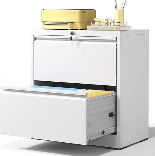 2 Drawer Lateral File Cabinet with Lock, 26.7"W File Cabinets for Home Office, Office Furniture for Organization Hanging Legal/Letter/A4, Metal Filing Cabinet Storage Cabinet, Require Assembly, White