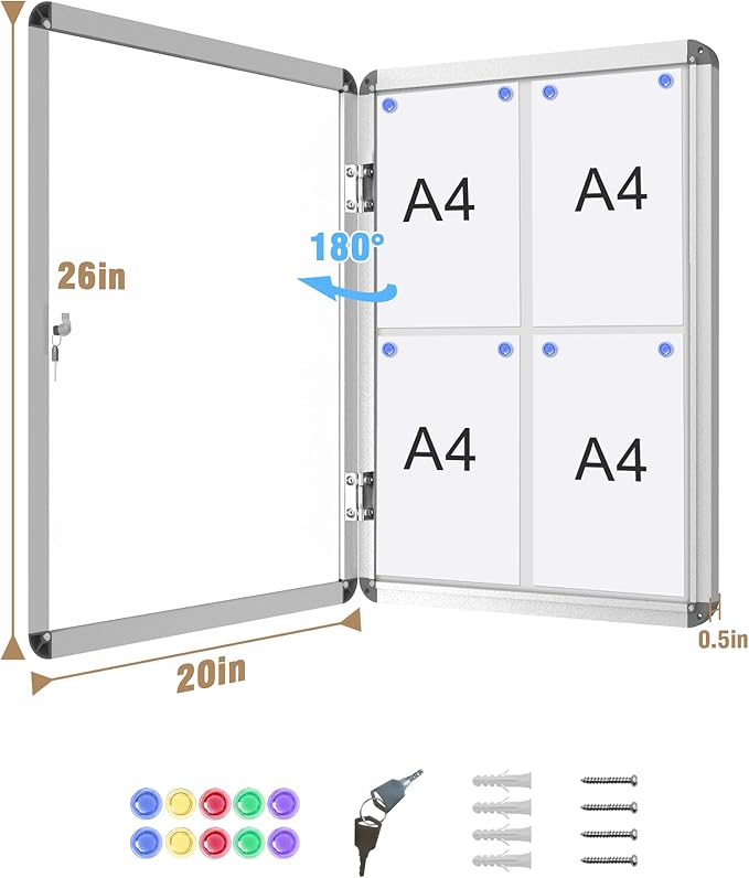 Mifuro 26"x20" Enclosed Bulletin Board, Lockable Weather-Resistant Aluminum Noticeboard for School & Office, Silver Frame w/Magentic Whiteboard