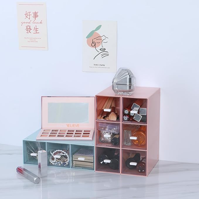 OSteed Desktop Drawers, Desk Organizer with 9 Drawers, Stackable Plastic Storage Box for Home Collection, Cosmetics, Jewelry, Office Supplies (3 Tiers, Pink)