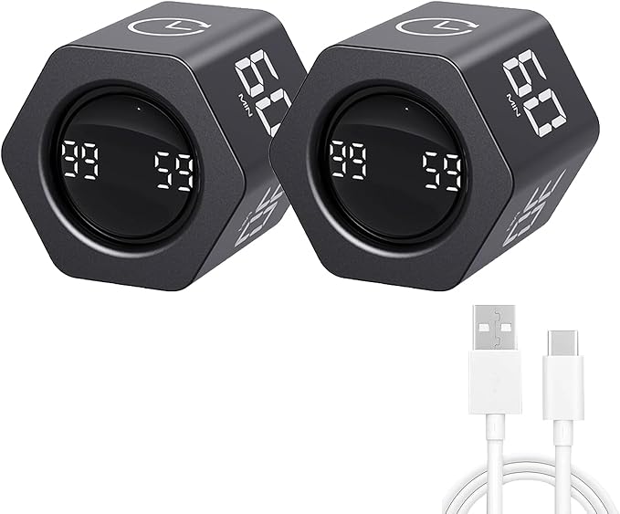 Productivity Timer Flip Gravity Sensor Cube Timer Countdown & Countup,Mute & Vibrate & Sound，5/10/30/60min & Custom Timing, Perfect for ADHD,Work,Learning,Kitchen Cooking (2, Black Hexagon)