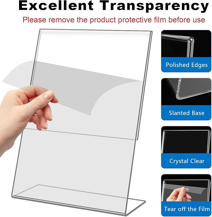 DESONAUT 8Pack Slanted Back Acrylic Sign Holder 4 x 6Inches，Clear Plastic Sign Holder Paper Photo Display，Menu Table Top Desktop Stand，Clear Picture Frame，Flyer Holder(Vertical)