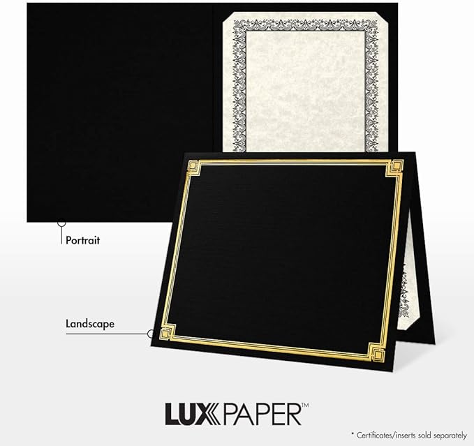 LUXPaper 9.5" x 12" Certificate Holders | Black Linen | Embossed Gold Foil Border | 100lb. Cover | 100 Qty