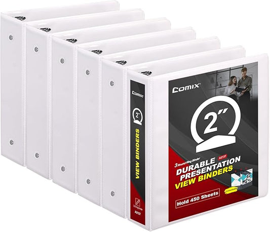 Comix Sturdy 3 Ring Binder 2 inch with Clear View Cover, 2" Round Ring View Binder, PVC-Free, 2.4mm-Thick, 450 Sheets Capacity of US Letter Size Paper, Office ＆ School Supplies, Pack of 6 (White)