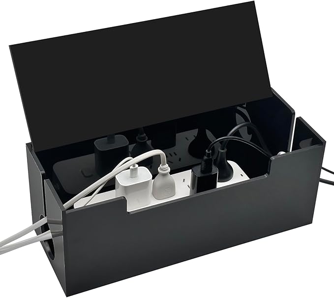 Cable Management Box, 2 Open Slots Cords Hider Box, Under Desk Power Strip Organizer and Floor Cables Storage, Black