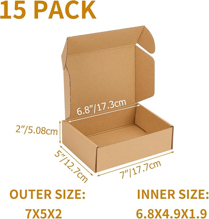 PHAREGE 7x5x2 Inch Shipping Boxes 15 Pack Brown, Tab Lock Tuck Top Mailer Boxes for Packaging Small Business, Cardboard Gift Boxes for Wrapping Mailing Present