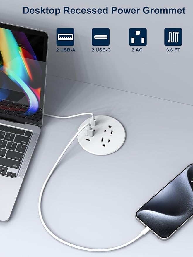 Recessed Power Grommet 3 inch With 65W USB C Ports 2 AC Outlets,Recessed Outlet Fast Charging Station,Desk Hole Grommet Outlets,Round Desktop Power Grommet Outlet for Office,Home (White, 65W USB Port)