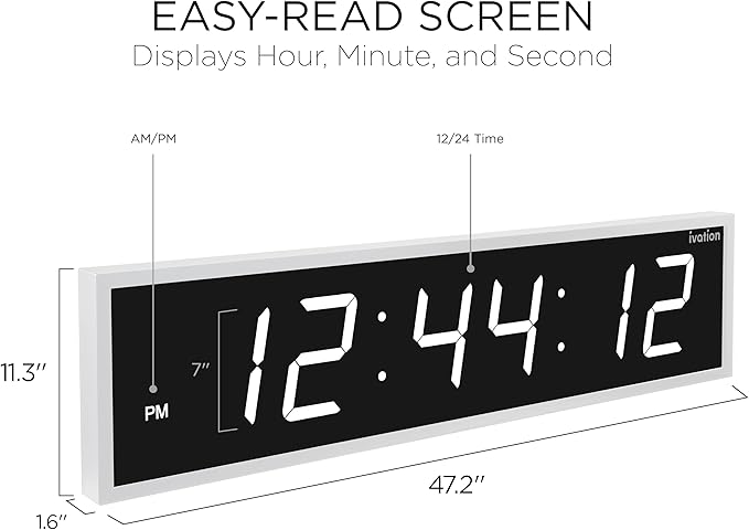 Ivation Huge Oversized 48" Large Digital LED Clock | Big Digital Clock w/Multi-Function Display – Stopwatch, Timer, Alarms, Temp & Date | 6 Brightness Levels, Time Memory & Remote (White)