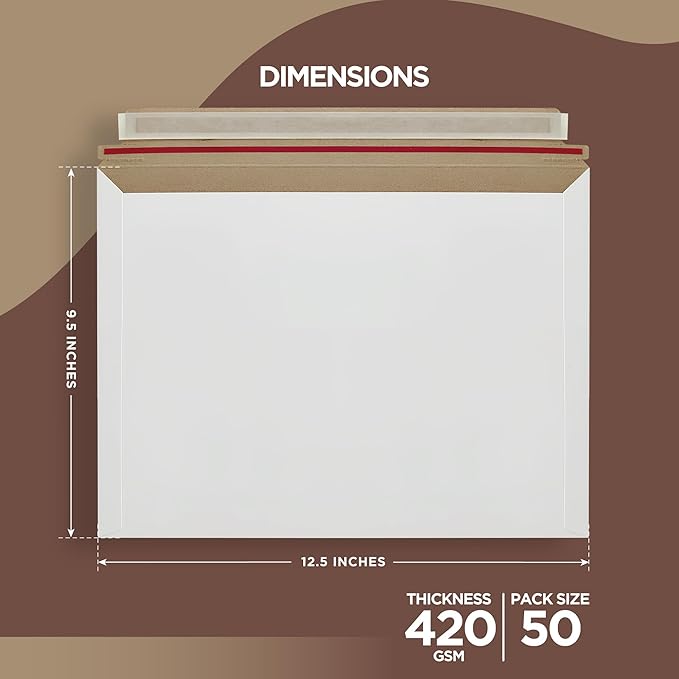 50 Pack 9.5 x 12.5 Inches Rigid Mailers – Self Adhesive White Cardboard Envelopes – Used as Mailing Supplies for Documents, Photos, CDs, Magazines, and Literature