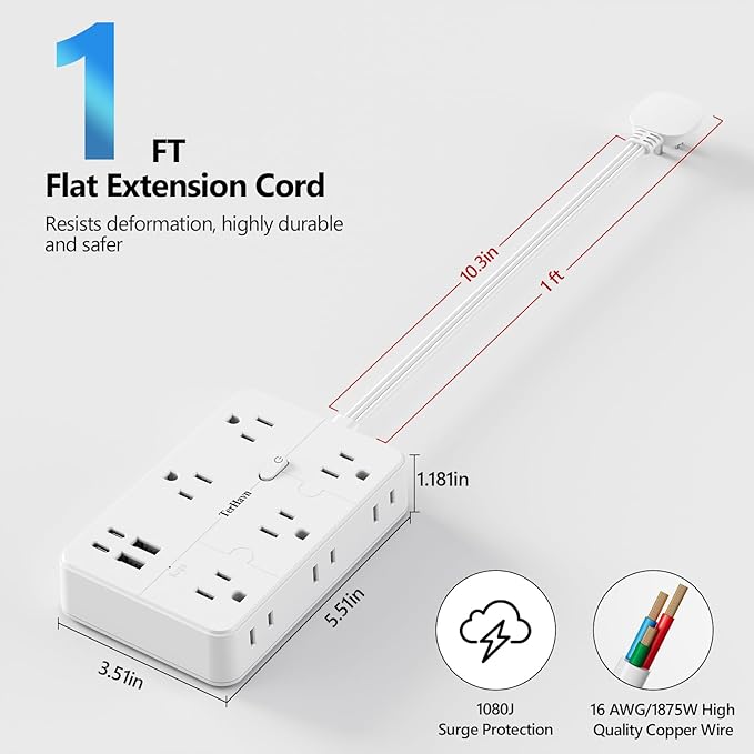 Surge Protector Power Strip 1 FT Flat Extension Cord ，10 AC Outlets & 4 USB Ports(5V/3.4A 17W), 1080J ，Wall Mountable Desktop Charging Station with Flat Plug for Office Supplies and Home, White