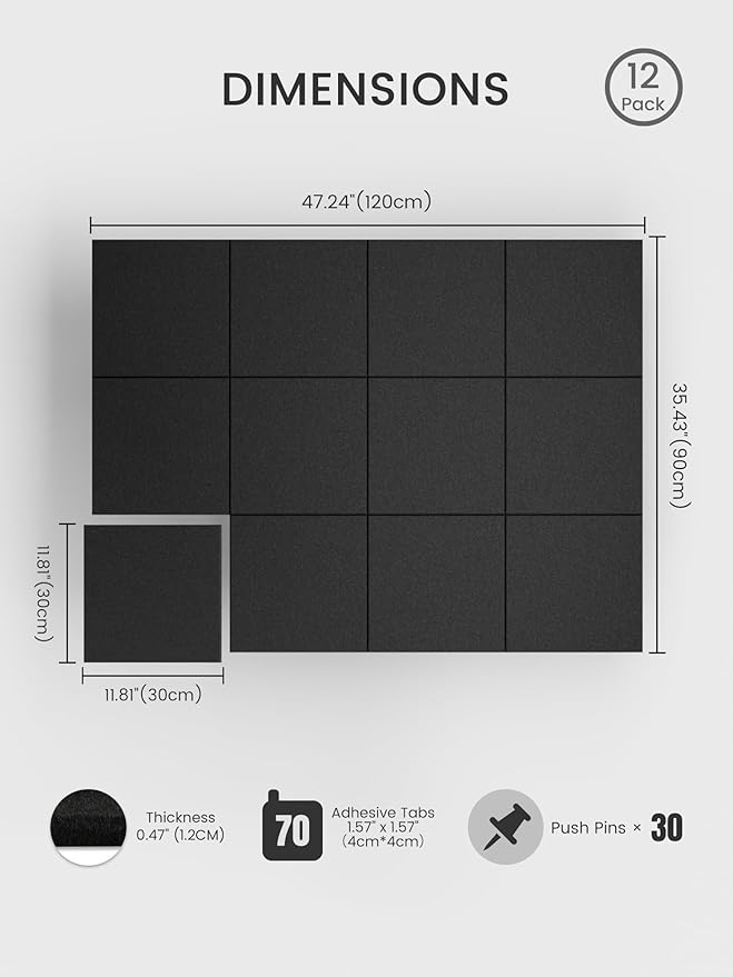 Bumusty Large Cork Board 47"x35" Alternative - 12 Pack Felt Wall Tiles with 70 Safe Removable Adhesive Tabs, 30 Pushpins, Cork Boards for Walls Pin Board Bulletin Board Office Decor (Black)
