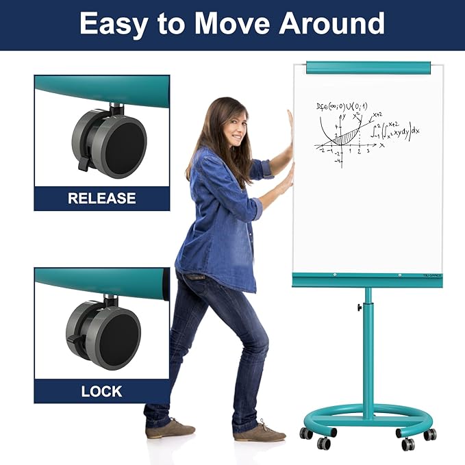 TSJ OFFICE Rolling Whiteboard Standing - 40 x 26 Inches Magnetic Mobile White Board with Stand, Height Adjustable Dry Erase Board on Wheels with Paper Clamp on Top, Blue