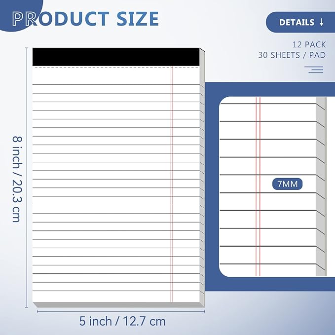Nichela 5" x 8" Note Pads 12 Pack of Legal Pads 30 Sheets Notepad College Ruled Small Writing Pads Perforated Pages Paper Pads 80GSM Heavyweight Paper Note Pads for Home, Office, or School