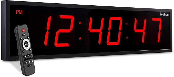 Ivation Huge Oversized 48" Large Digital LED Clock | Big Digital Clock w/Multi-Function Display – Stopwatch, Timer, Alarms, Temp & Date | 6 Brightness Levels, Time Memory & Remote (Red)