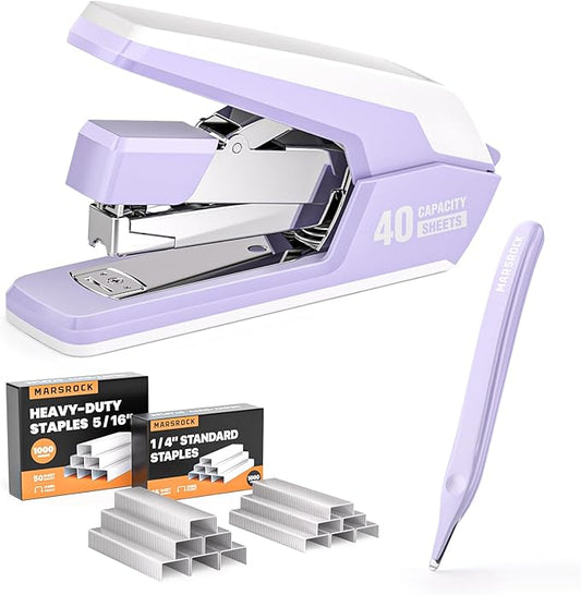 MARSROCK Effortless Stapler for Desk with 40-50 Sheet Capacity, 2000 Staples, 1-Touch Stapling, Ergonomic & Easy to Load Desktop Staplers, Heavy Duty Stapler, and Magnetic Staple Remover, Purple