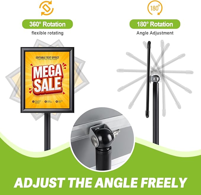 RedChili Floor Standing Sign Holder Stand for 8.5x11 Inches Poster or Chalk Board, Pedestal Sign Holder with Snap Open Frame,360° Rotation,Adjustable Post Height Outdoor Indoor Standing Display Sign Holders for Advertising (Black, Sharp Corner)