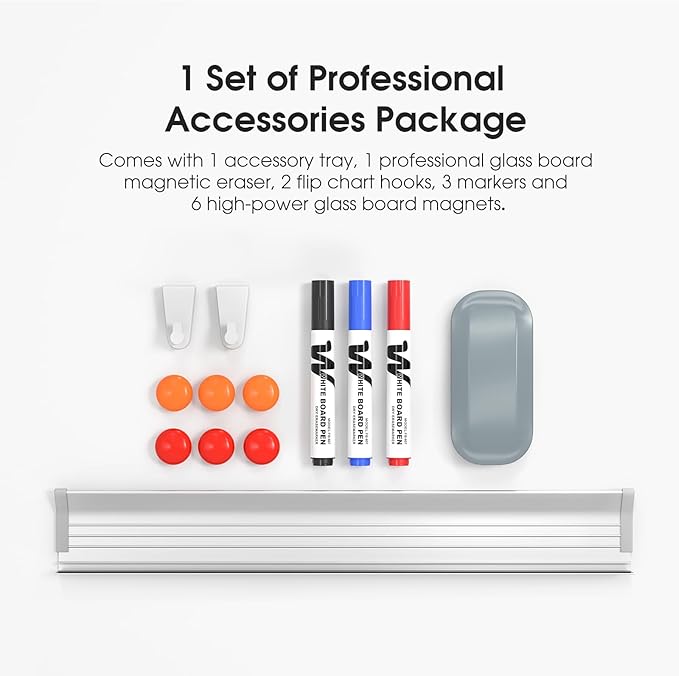 MaxGear Glass Whiteboard Tempered Magnetic Dry Erase Board 48 x 36 Inch Ultra White, Frameless Wall Mounted, Office Classroom Conference Room Home Use, Includes Markers, Eraser, Magnets & Mounting Kit