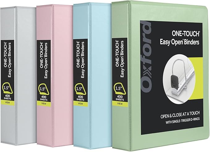 Oxford 3 Ring Binders, Binders for School, 1.5 Inch ONE-Touch Easy Open D Rings, 3-Sided View Binder Covers, Xtralife Hinge, Non-Stick, PVC-Free, Natural Pastels, 375-Sheet Capacity, 4 Pack (79918)