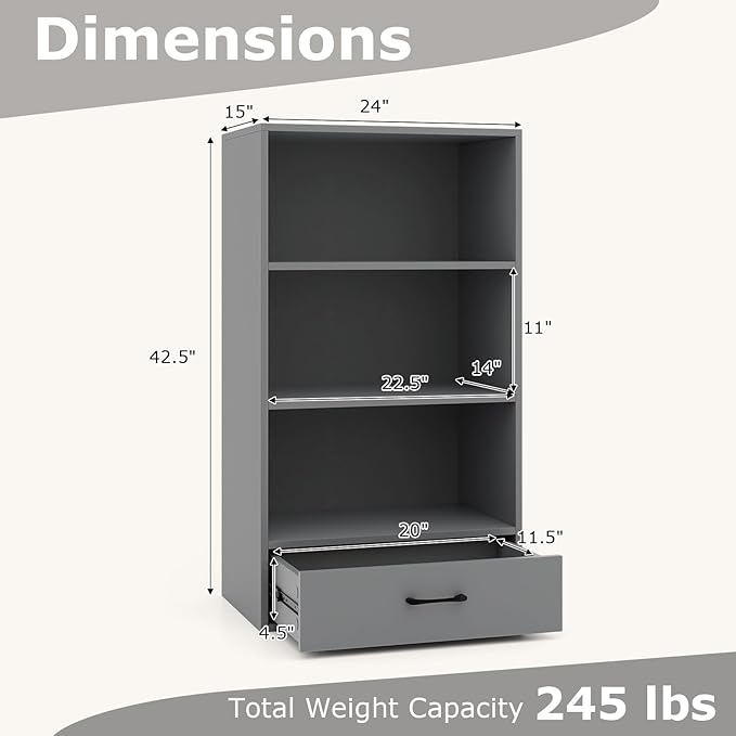 LOKO 4-Tier Bookcase with Storage Drawer, Modern Organizer Display Storage Shelves with Anti-toppling Device, Freestanding Bookshelf with 3 Open Shelves & 1 Drawer, Living Room, Study, Office (Grey)