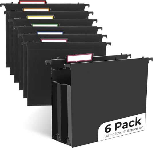 Y YOMA Plastic Extra Capacity Hanging File Folder, Letter Size, 4” Expansion, 6 Pack Black Reinforced Expanding Hanging Folders with Tabs, Heavy Duty Waterproof Accordion for Bulky Files