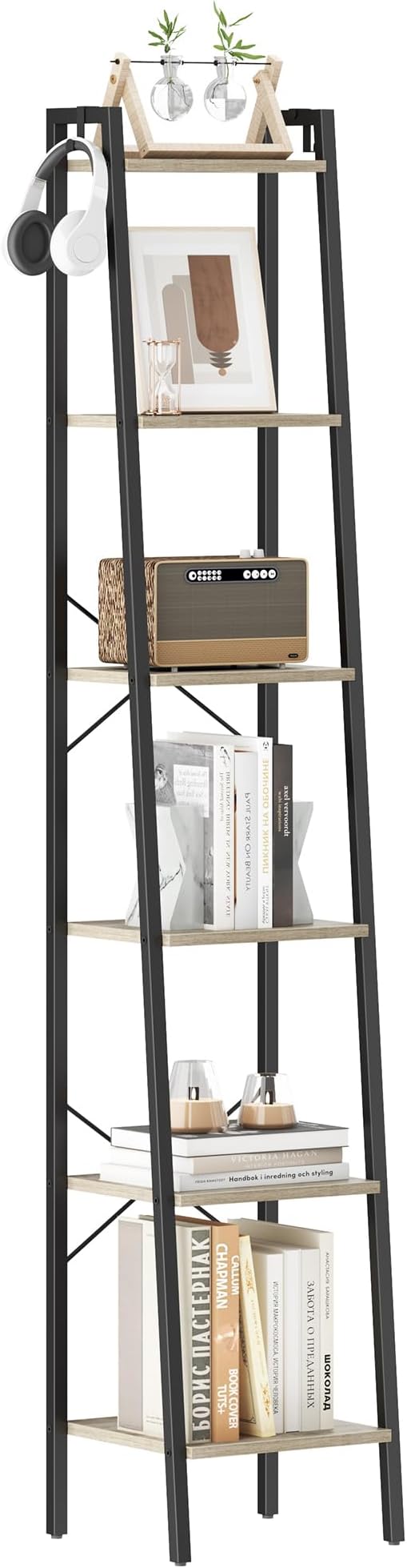 Hzuaneri Ladder Shelf, Bookshelf Bookcase, Freestanding Corner Storage Shelve with 2 Hooks for Home Office, Living Room, Kitchen, Bedroom, Industrial, 11.8" D x 13.4" W x 72.8" H, Greige BC13305B