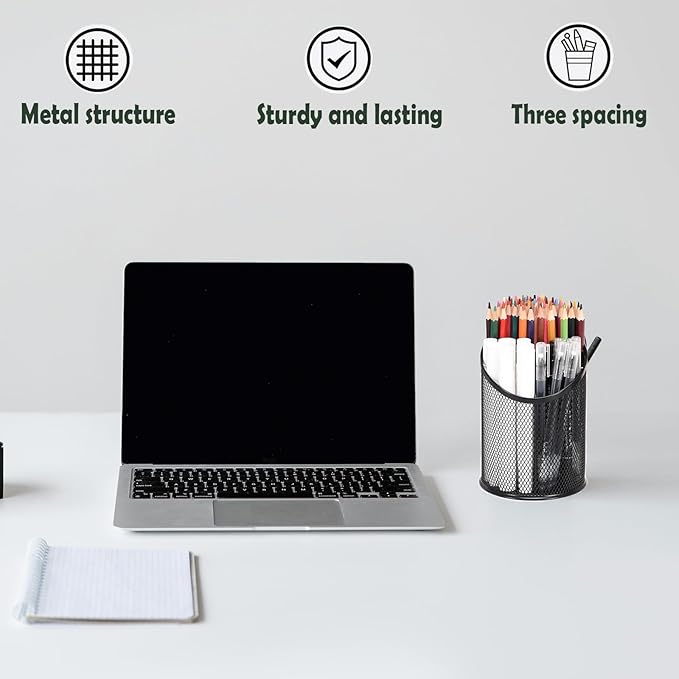 MINDEPOT 2 Pack Mesh Pencil Holder Pen Cup for Desk Round Black Pen Holder Desktop Pen Organizer 3 Compartments Pencil Organizer Desk Organizer for Office Home School