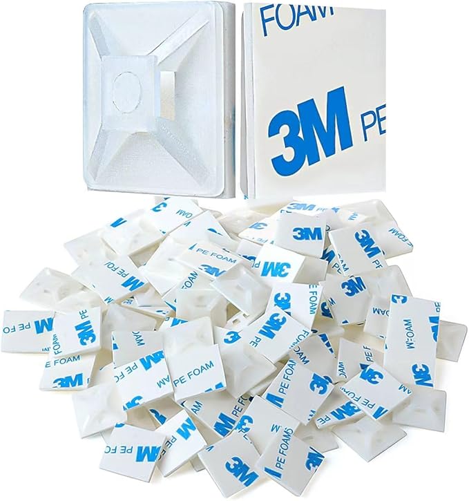 XHF 200 PCS 1/2" White Self Adhesive Cable Zip Tie Mounts Wire Cable Clips Holders Management Anchors Organizer Holders Squares(HS-100)