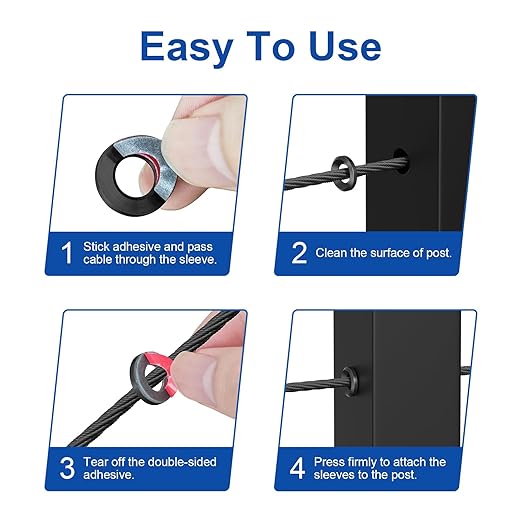 BLIKA 20Pack Black Cable Railing Adhesive Sleeves for 1/8" 5/32" 3/16" Wire Rope Cable, T316 Stainless Steel, 2.8mm Thickness Cable Railing Protector Adhesive Sleeves for Deck Stair Cable Railing Kits