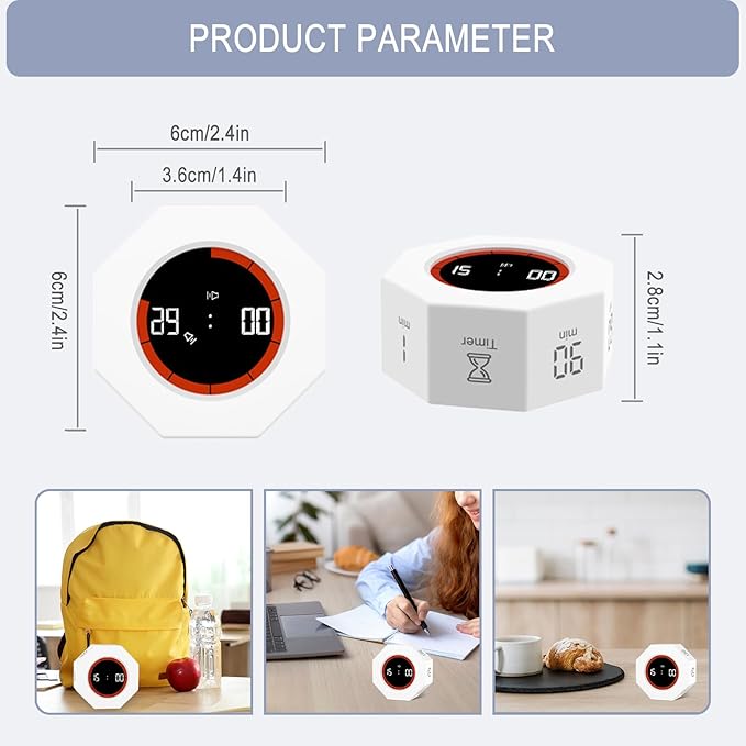GuDoQi Digital Productivity Timer, Octagon Rotating Pomodoro Timers with Gravity-sensor, 1-3-5-15-30-60-90 Min Countdown, Portable Adjustable Sound Alert Multi Desk Timer or Study Task, Kitchen, White