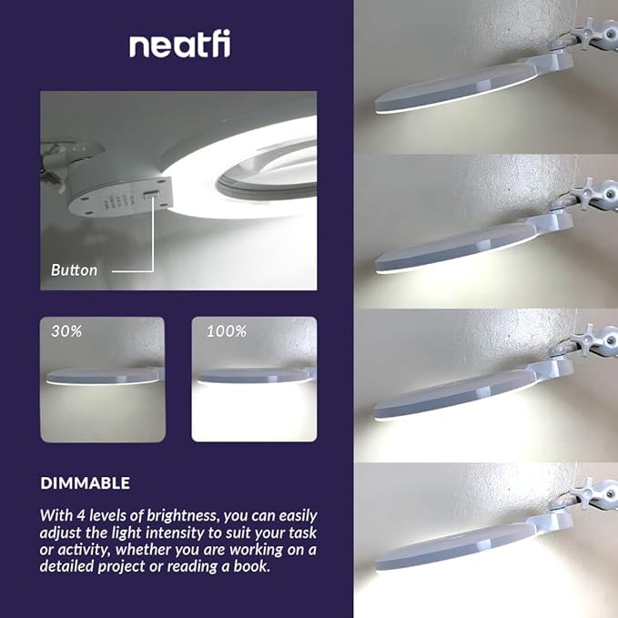 Neatfi XL Bifocal LED Magnifying Lamp, 7-Inch Acrylic Lens, 5D/20D Magnification, Hands-Free, Dimmable, 168 SMD LED, Adjustable Arm for Crafts, Reading, Close Work (White, CCT with Clamp)