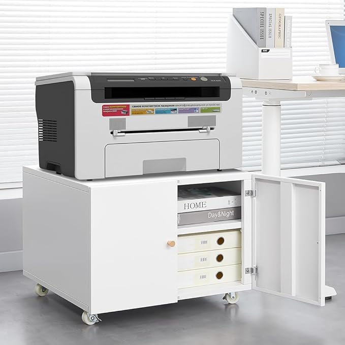 Zateety Metal Printer Stand with Storage Mobile Printer Tables for Small Spaces with Door Adjustable Shelf File Cabinet on Wheels for Home Office