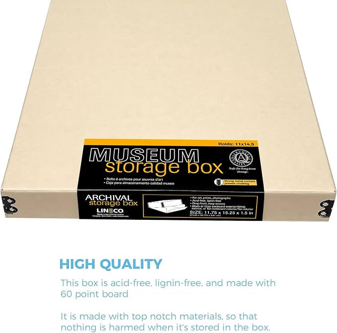 Lineco Museum Archival Storage Box, 11.75x15.25x1.5 in. Drop Front Design. Acid-Free with Metal Edge. Organize Photos, Pictures, Prints, Documents, Crafts, DIY. Tan, 2 Pack