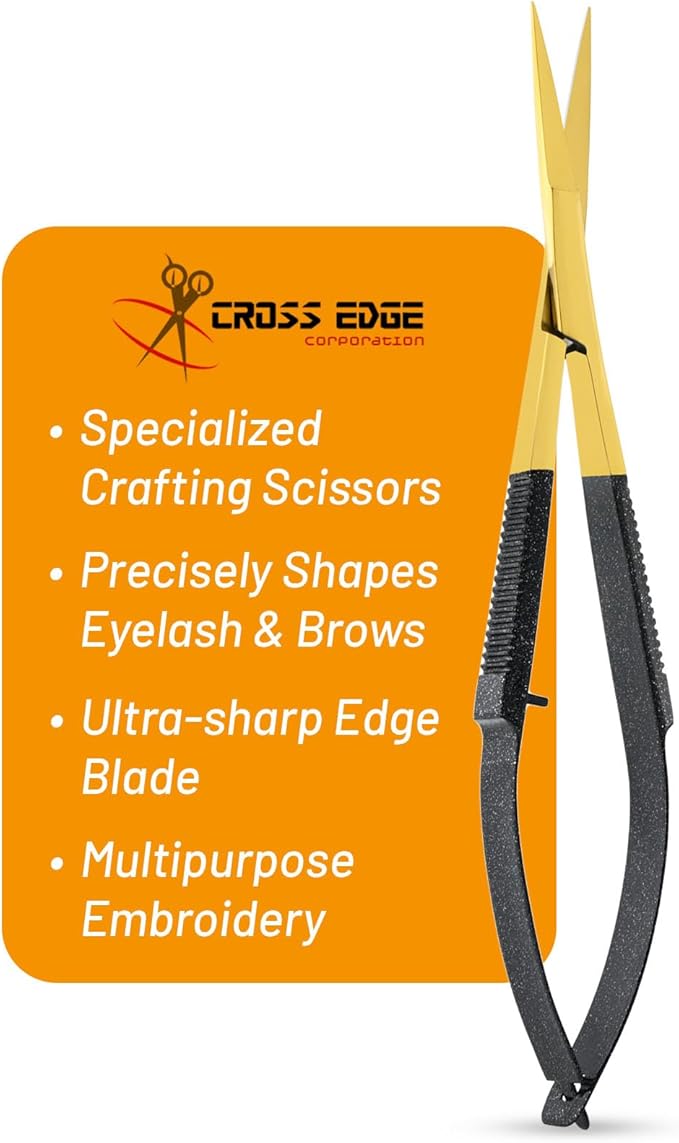 Cross Edge Spring Scissors 5 Inch straight Stainless-Steel Precision Eyebrow & Eyelash Shaping Trimming Scissor, Best for Squeeze Scissors, Embroidery & Knitting Micro Tip Craft (Gold Glitter Black)