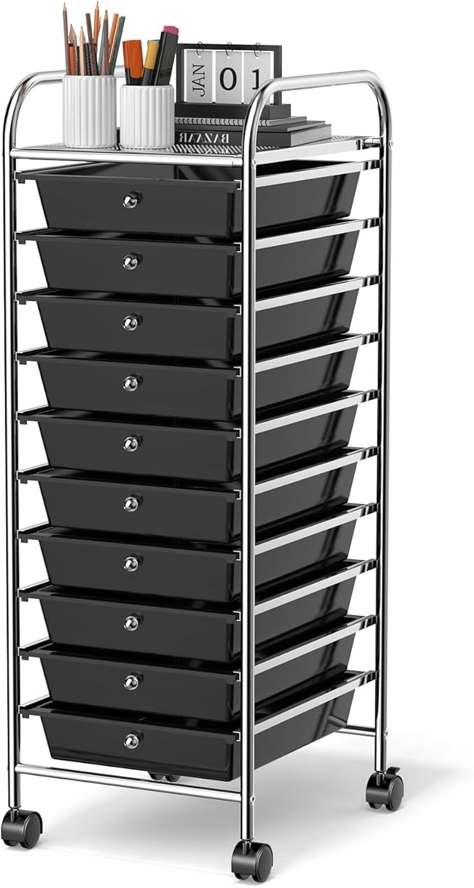 GLACER 10 Drawers Rolling Cart, Storage Cart with w/Removable Drawers & Steel Frame, Utility Mobile Trolley w/Universal Casters & 2 Brakes, Organizer Cart for Home, School, Office (Black)