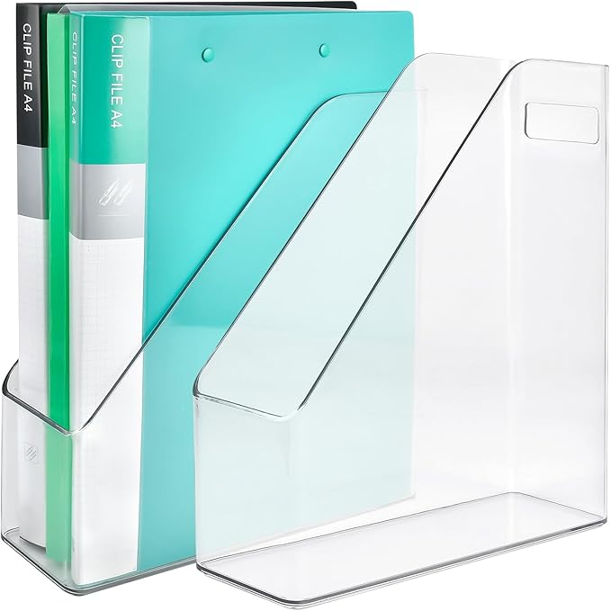 Akamino 2 Pack Acrylic Magazine File Holder,A4 Vertical File Organizer with Handle for Desk,Clear Document Rack File Folder Storage Bin for Home Office School