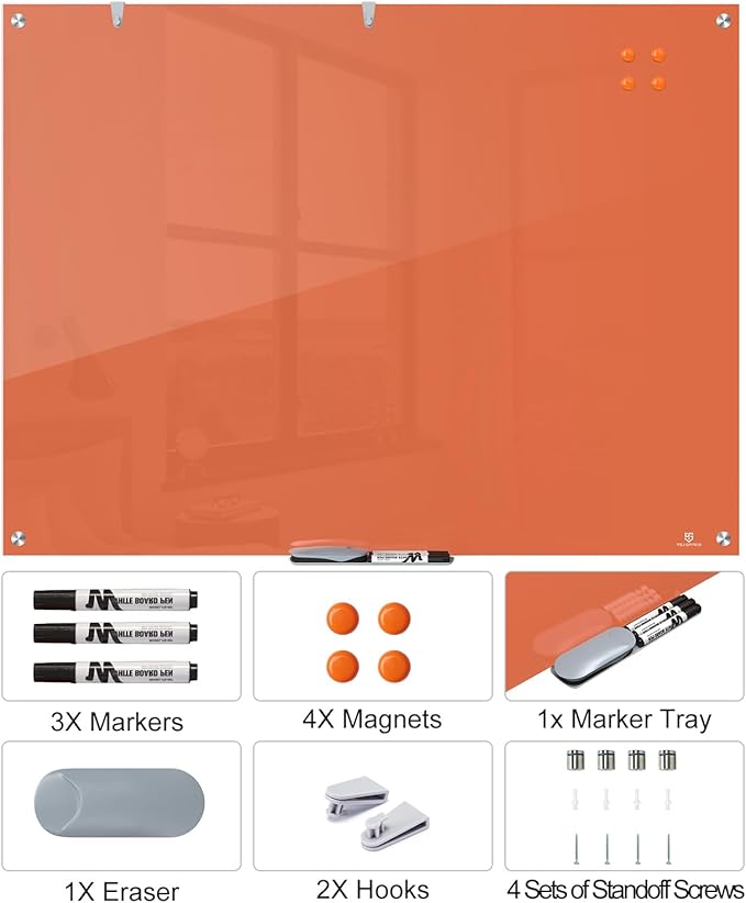 TSJ OFFICE Glass Dry-Erase Board - 48 x 36 Inches Wall Mounted Magnetic Whiteboard, Large Frameless Glass White Board for Office, Home & School, Orange