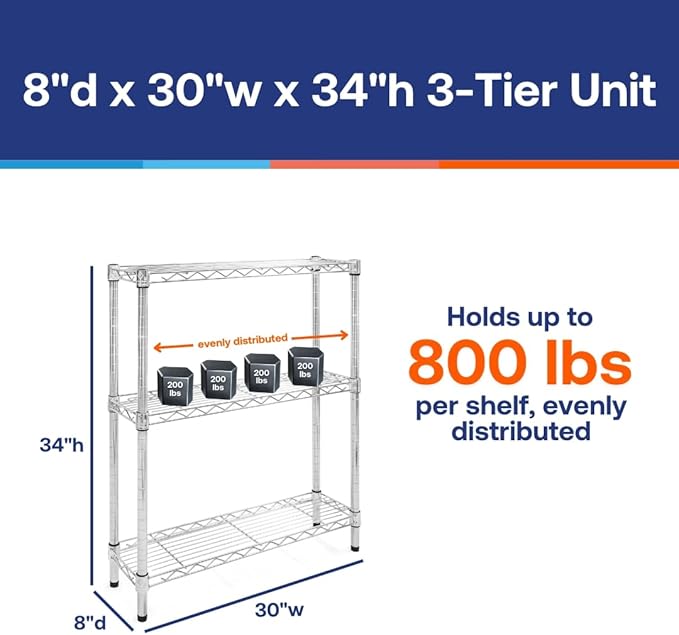 Shelving Inc. 8"d x 30"w x 34"h Chrome Wire Shelving with 3 Tier Shelves, Weight Capacity 800lbs, Evenly Distributed