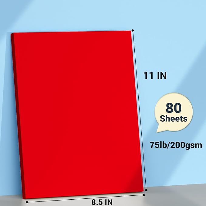 Cardstock Paper, Red Cardstock 8.5x11, 80 Sheets Christmas Card Stock, 200GSM Thick Printer Paper 8.5x11, Red Blank Card Stock Paper for Greeting Cards, DIY Cards, Wedding Invitation, Postcards