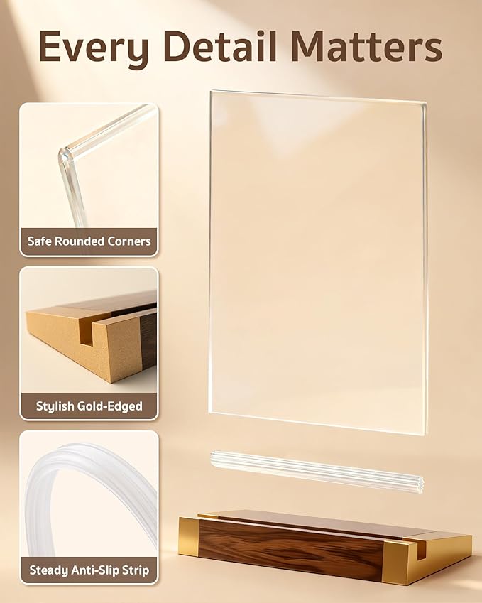 1 Pack Acrylic Sign Holder 8.5 x 11 Inch with Walnut Wood Base, Clear Tabletop Acrylic Display for Menu & Flyer Holder, Commercial Table Frames for Restaurant, Office, Coffee, Bar, Wedding, Hotel
