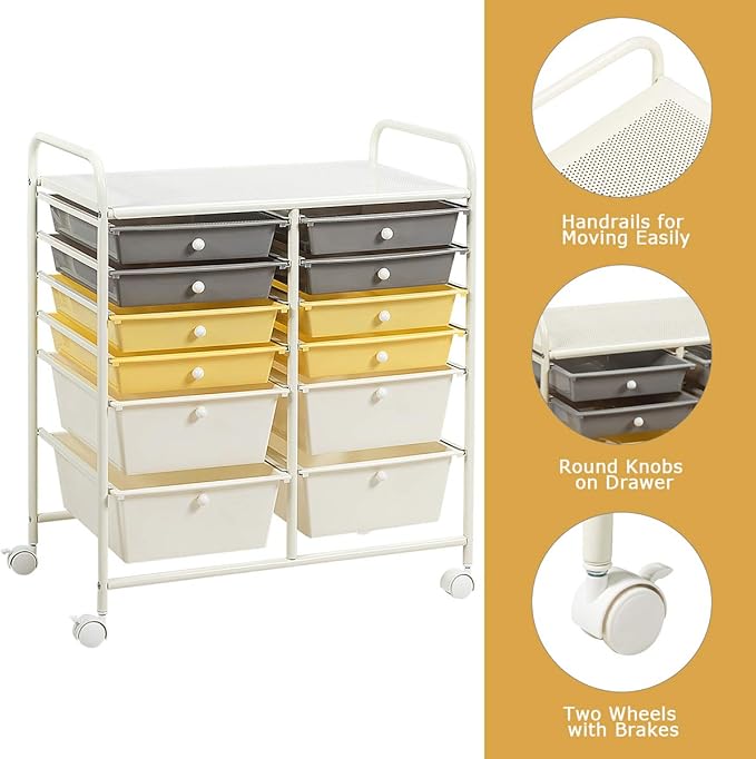 Giantex 12 Drawer Rolling Storage Cart Tools Scrapbook Paper Office School Organizer (Yellow)
