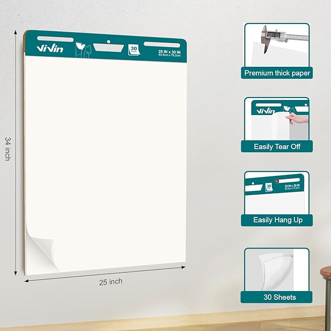 ViVin Super Sticky Easel Pad, 25 x 30 Inches Flip Chart Paper for Teachers, Large Self Stick Easel Paper, Teacher Anchor Chart, 30 Sheets/Pad, 8 Pads/Pack