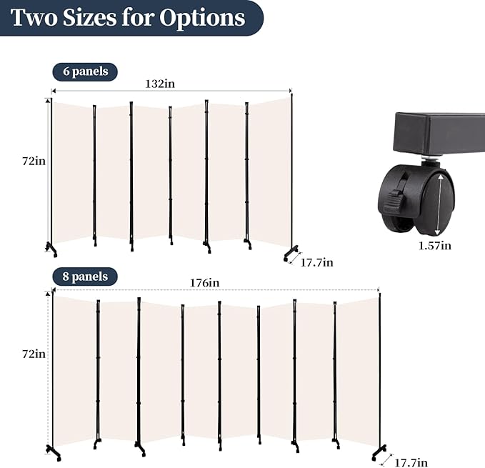 Room Divider Folding Privacy Screens with Lockable Wheels, 176'' Fabric Partition Room Dividers Freestanding Room Divider Panel for Room Separation, Wall Divider for Home Office Bedroom Studio Decor