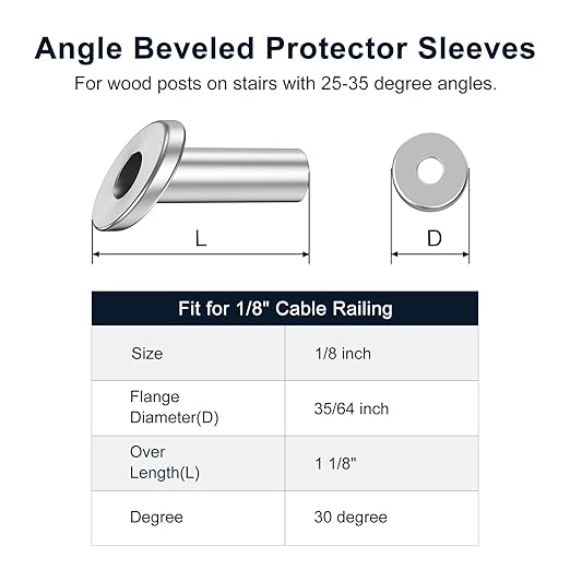 BLIKA 20 Pack 25 30 35 Degree 1/8" Angle Beveled Protector Sleeves, Angled Post Protector for 1/8" Cable Railing, T316 Stainless Steel, 30 Degree Angle Beveled Protector Sleeves