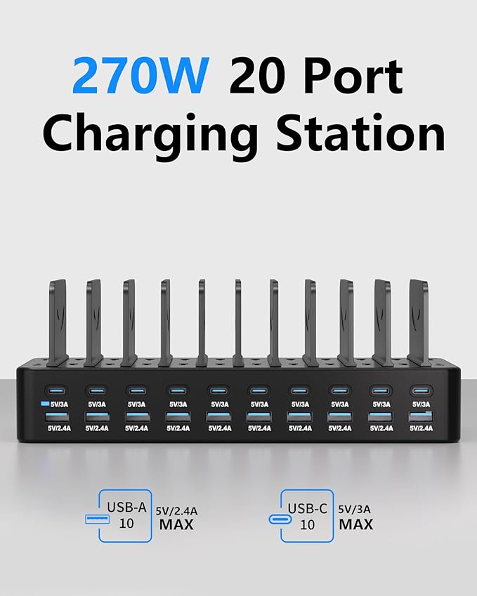 270W Charging Station for Multiple Devices, 20-Port USB Fast Charging Station with Adjustable Dividers & 10 Cables, Multi Device Organizer Charging Dock for iPhone, iPad, Tablets & More