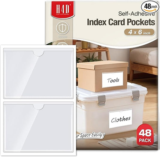 H4D 48 Pack Labels for Storage Bins, 4" x 6" Plastic Clear Adhesive Index Card Holders, Tote Label Pockets for Organizing Storage, Library Card, Shelves