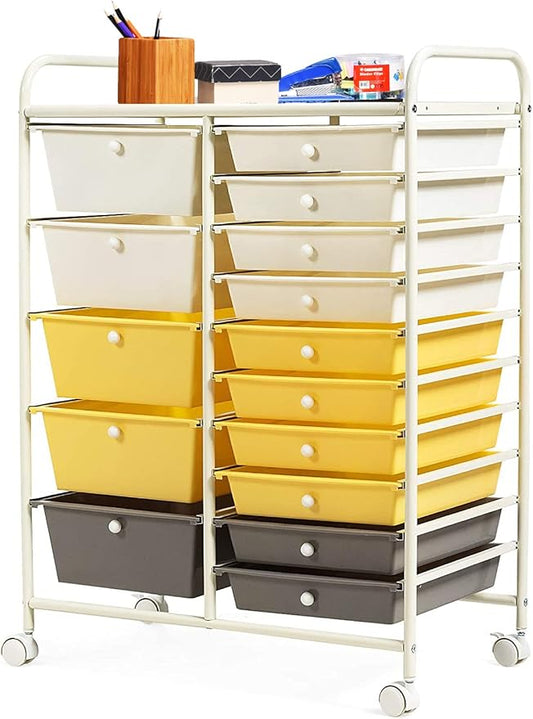 HAPPYGRILL 15-Drawer Rolling Cart, Storage Carts with Removable Drawers & Steel Frame, Utility Cart on Lockable Wheels for Home, School, Office, Yellow